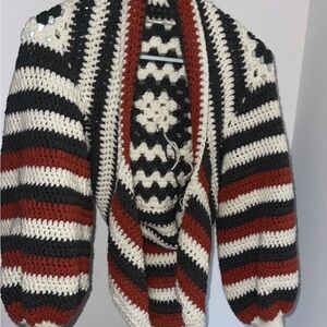 Elegant Striped Crochet Jacket - Black, White, and Brown
